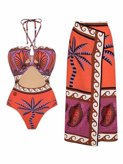 Unique Palm Tree Floral Strappy One-Piece Swimsuit