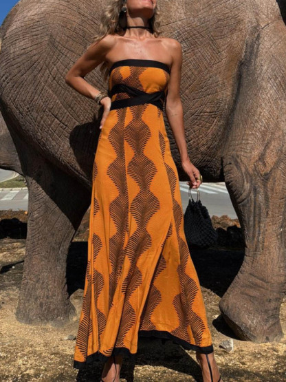 Casual Off-The-Shoulder Printed Tie Maxi Dress