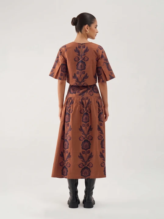 Folk Floral Print Fit-and-Flare Midi Dress