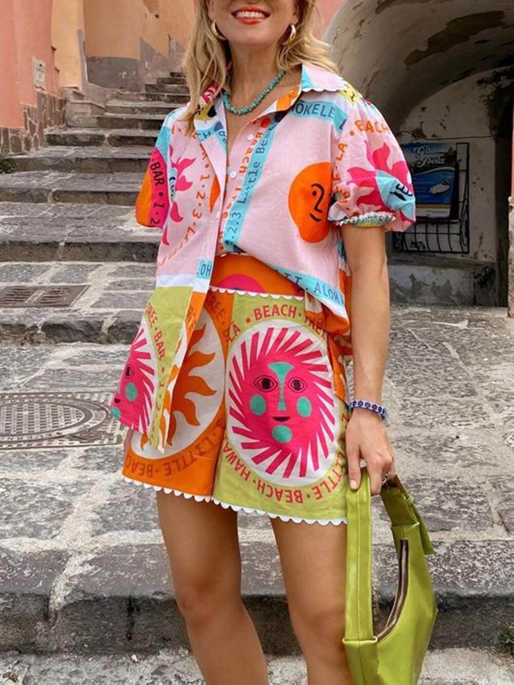 Ethnic Print Casual Lace Collar Shirt Shorts Suit