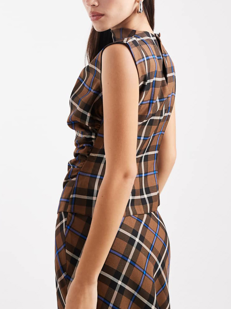Casual Plaid Pleated Top And Wide-Leg Pants Set