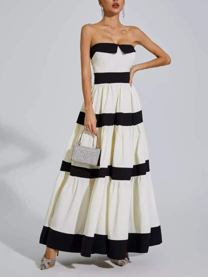 Elegant Striped Bow A-Line Maxi Dress