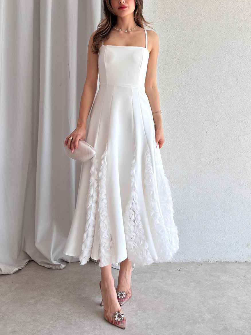 Elegant Rose Floral Applique Spaghetti Strap Midi Dress
