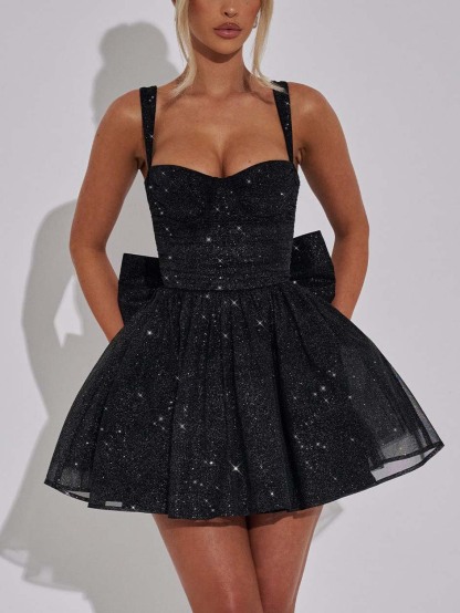 Elegant Pleated Bow Mini Dress