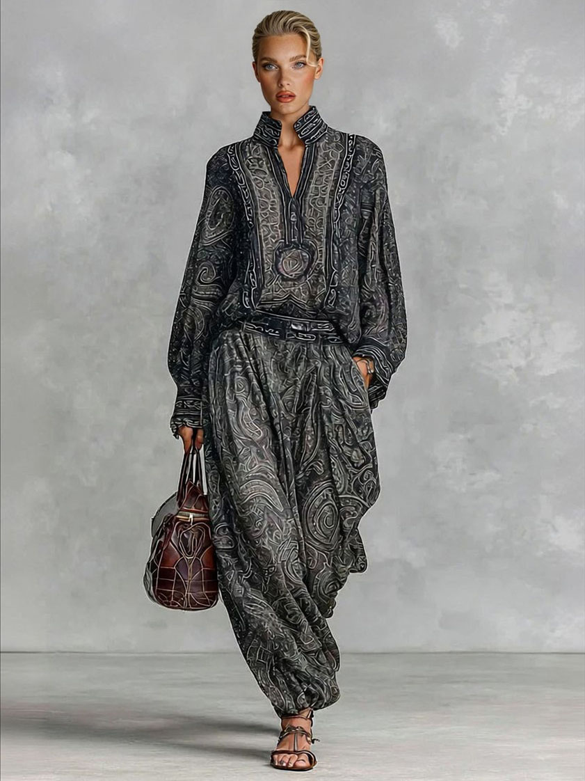 Retro Paisley Print Shirt Two-piece Set