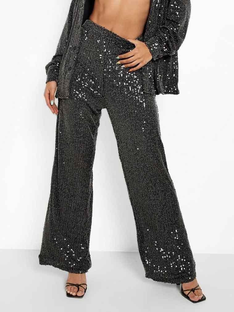Sequined Elastic Loose Wide-leg Pants