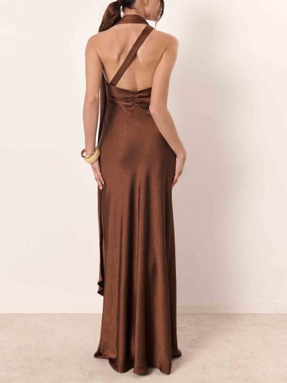 Elegant Bronze One-Shoulder Satin Maxi Dress