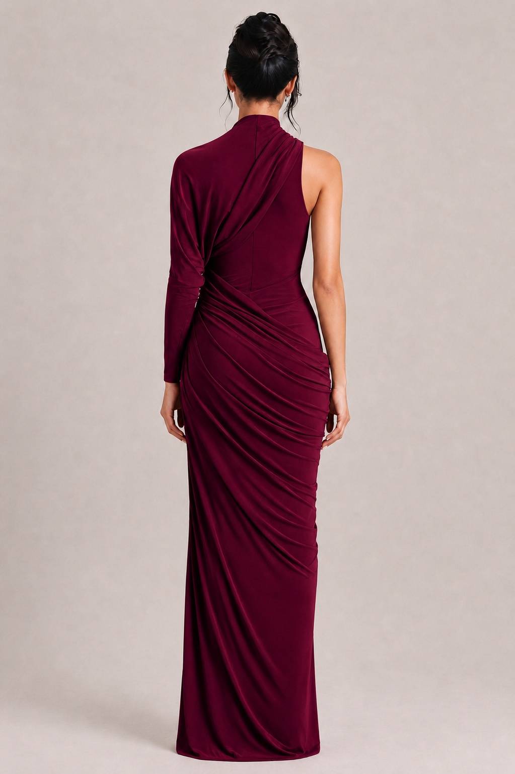 Elegant Asymmetrical One-Sleeve Draped Maxi Dress