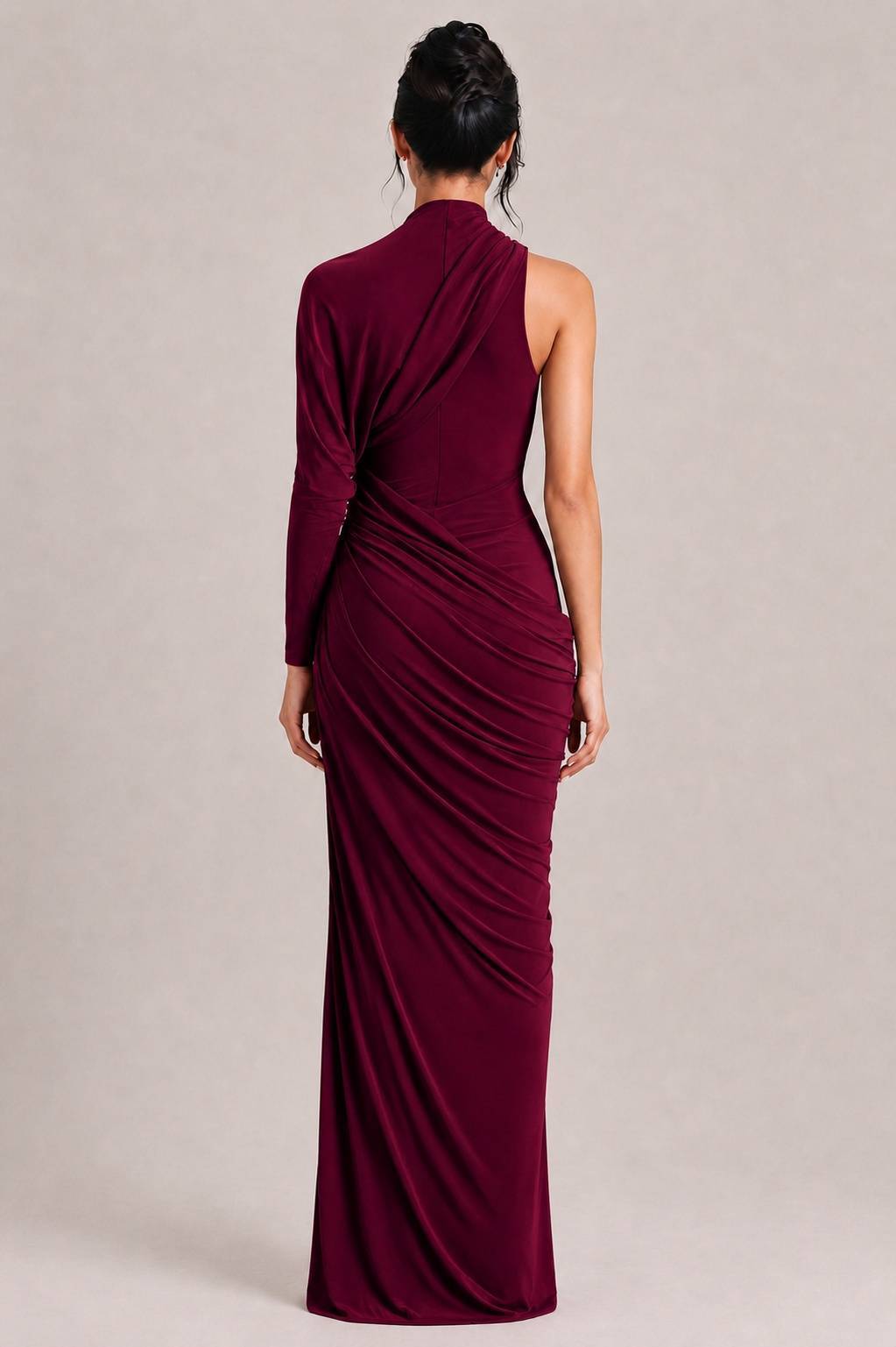 Elegant Asymmetrical One-Sleeve Draped Maxi Dress