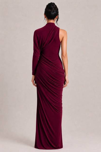 Elegant Asymmetrical One-Sleeve Draped Maxi Dress