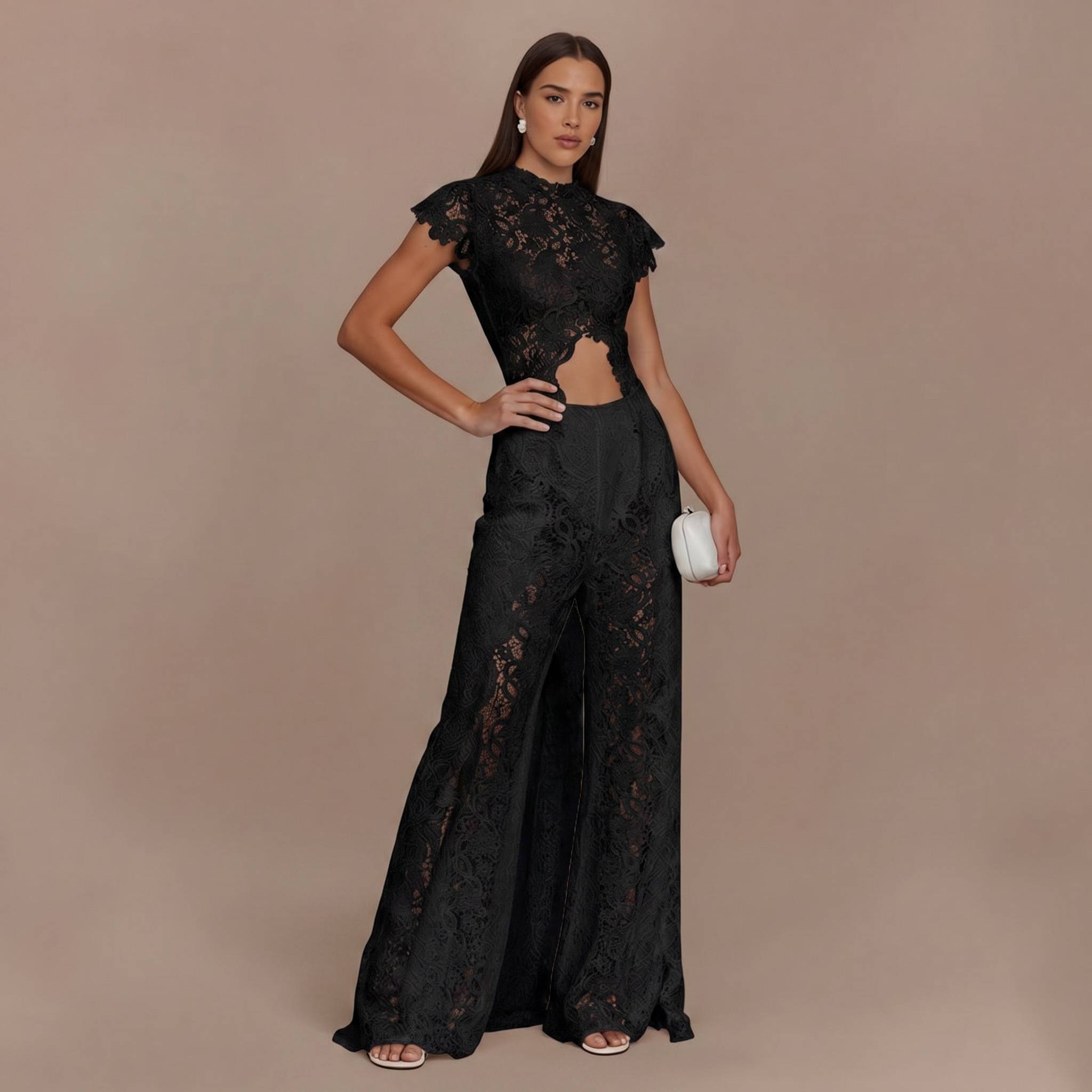 Lace Long-sleeved Top And Wide-leg Pants Set（Headscarf Not Included）
