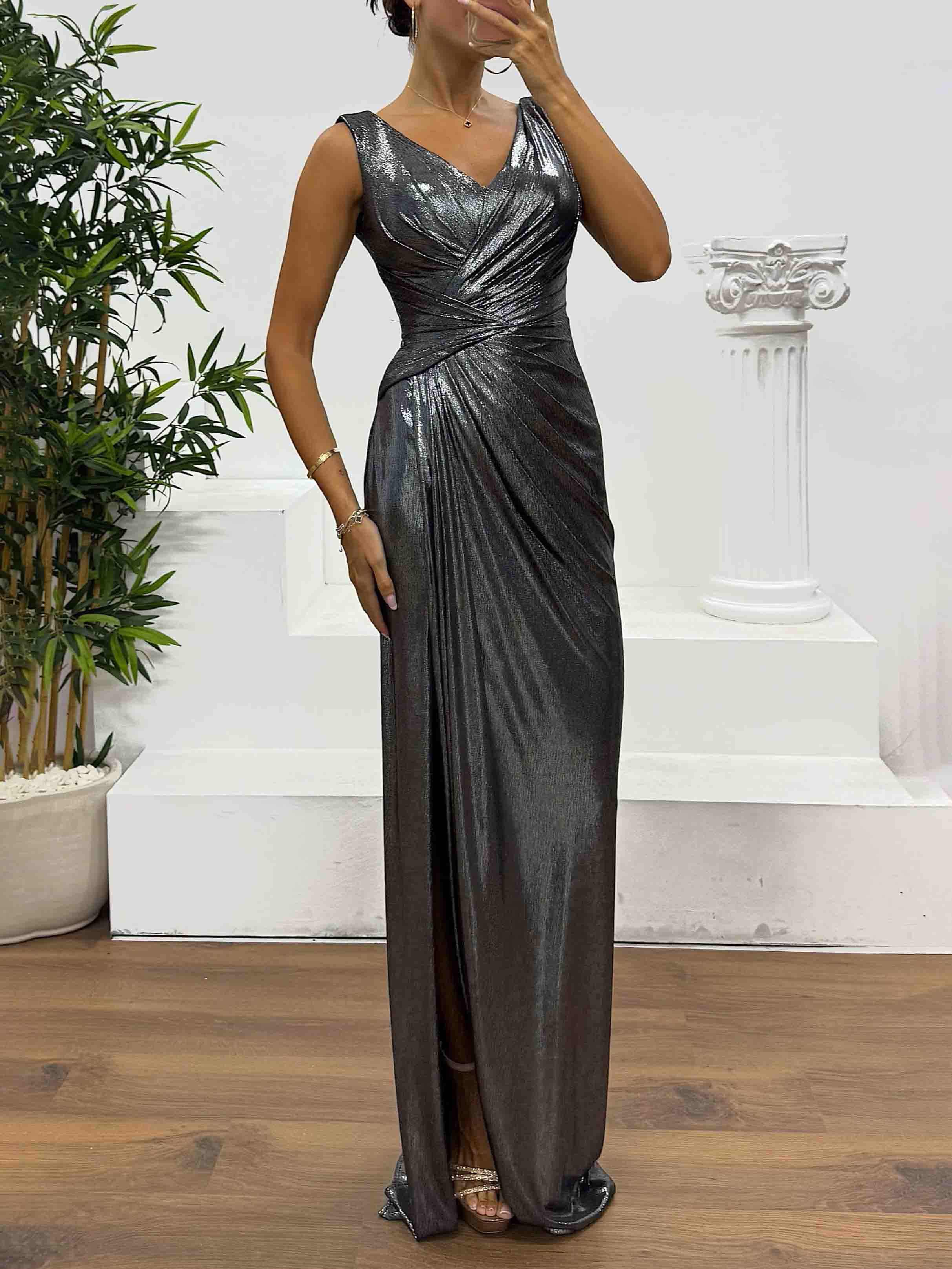 Elegant V-neck Draped Evening Gown Maxi Dress