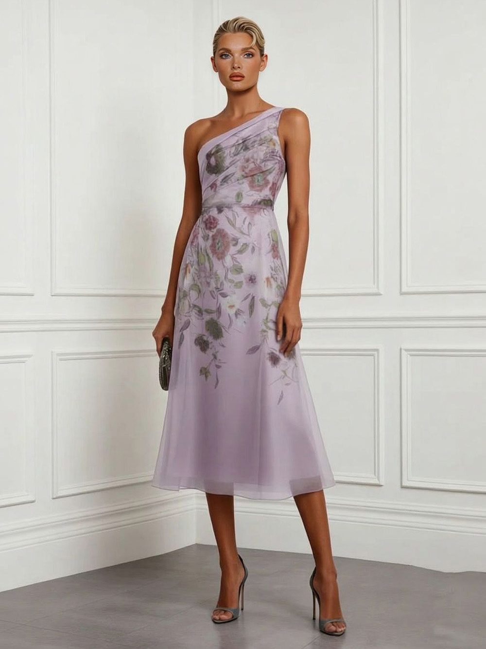Elegant Floral Print One-Shoulder Tulle Midi Dress