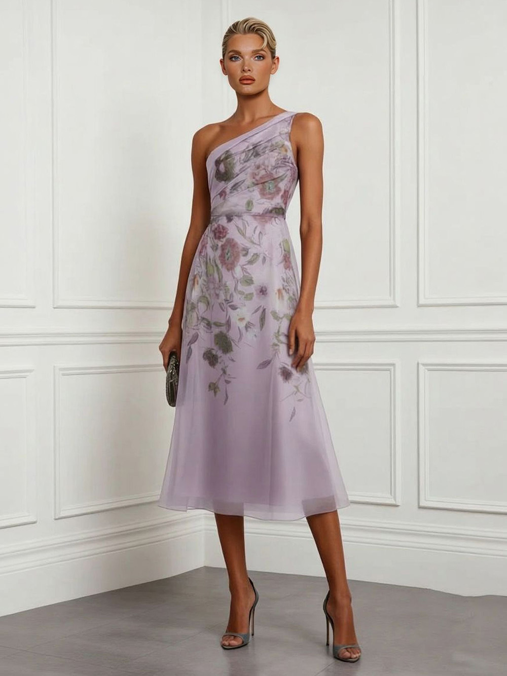 Elegant Floral Print One-Shoulder Tulle Midi Dress