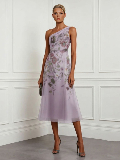 Elegant Floral Print One-Shoulder Tulle Midi Dress