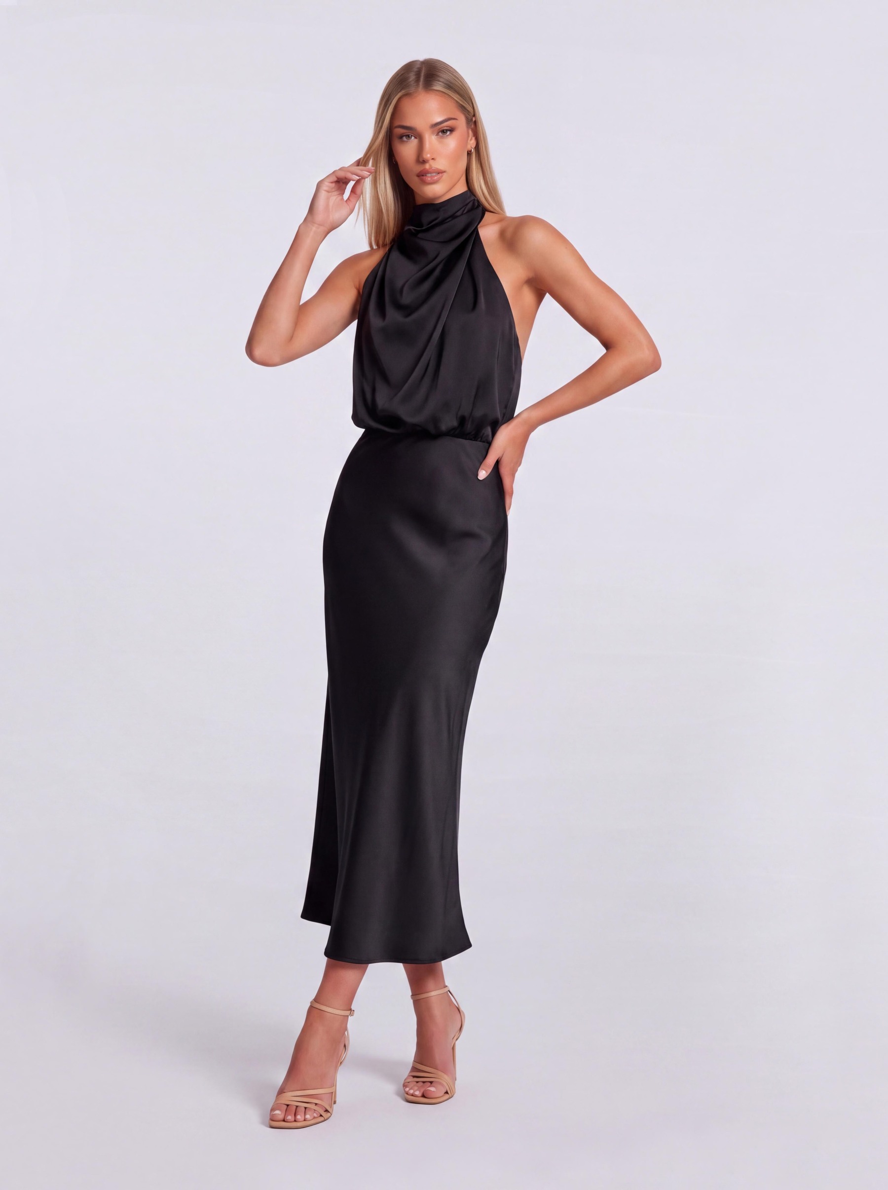 Slim-Fit Fishtail Mid-Length Neck Satin Dress