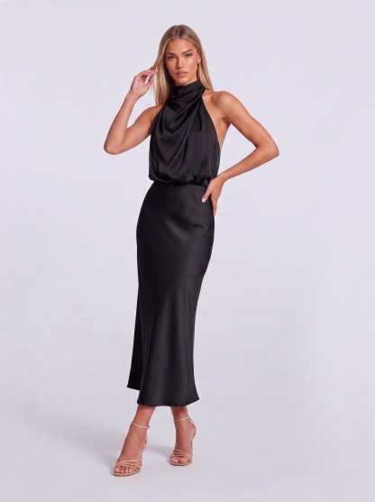 Slim-Fit Fishtail Mid-Length Neck Satin Dress