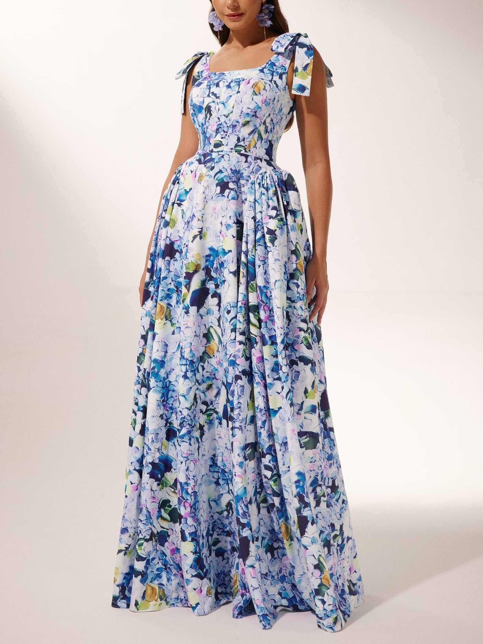Bow Strap Hydrangea Print Maxi Dress