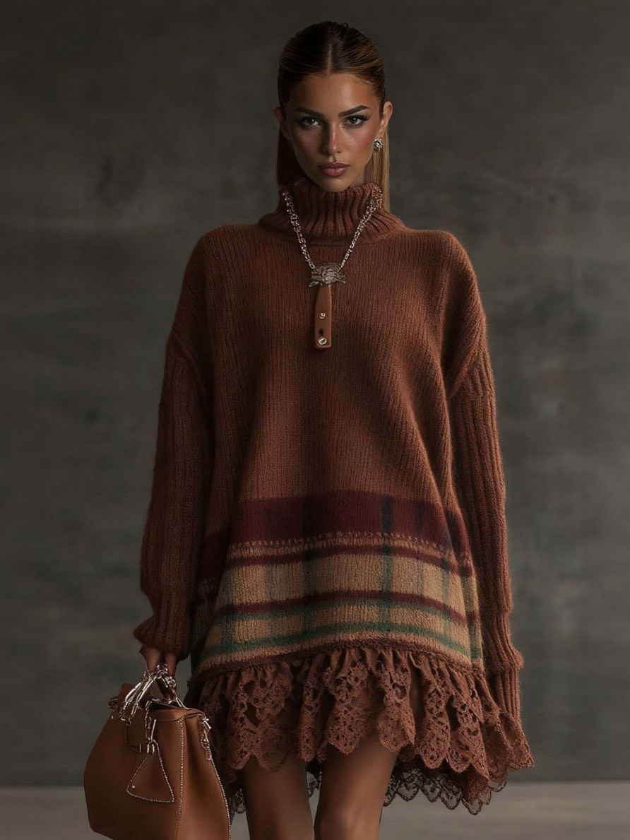 Elegant High-neck Plaid Sweater Dress