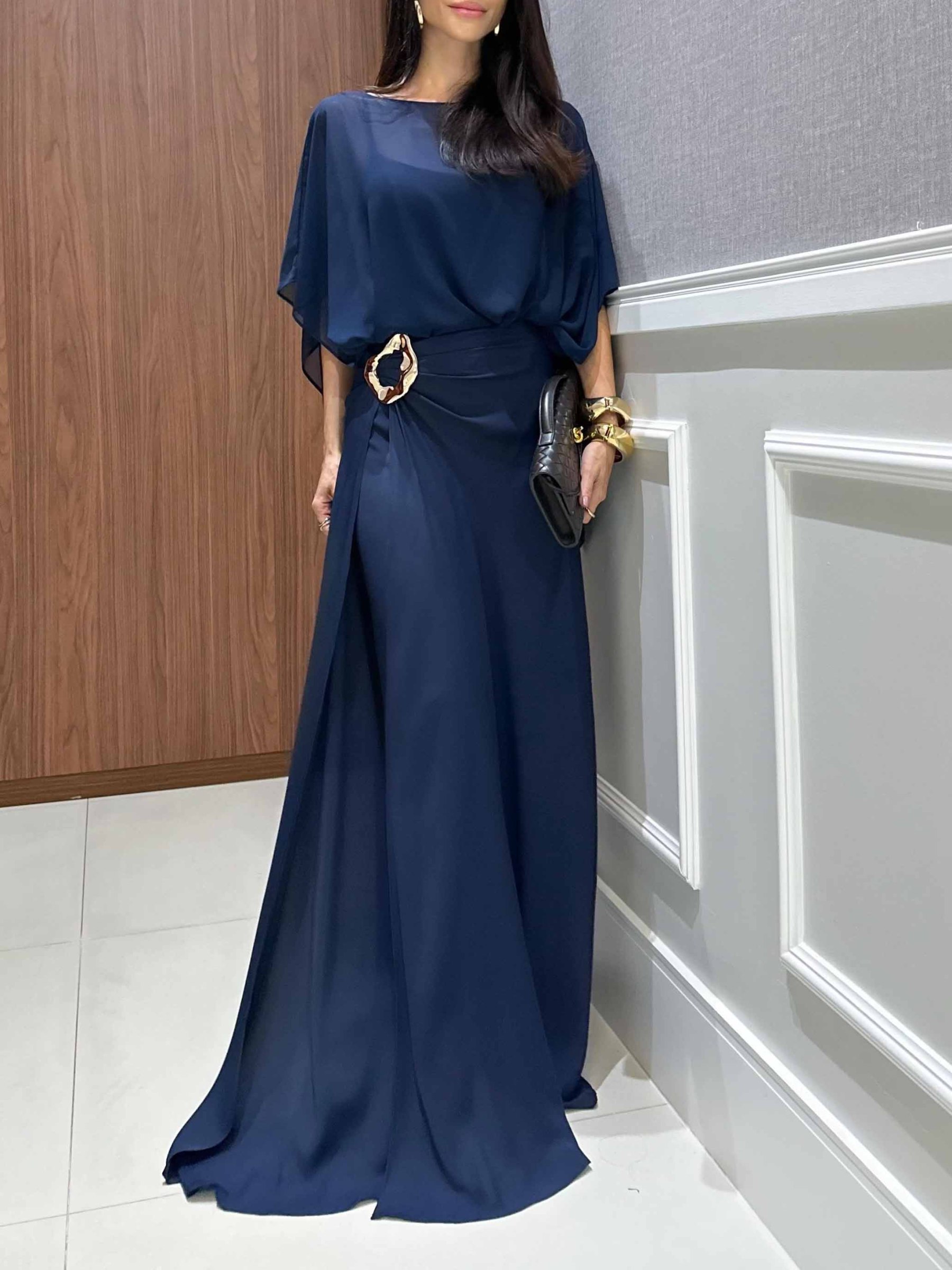Elegant Chiffon Cape Top & Wide-Leg Pants Two-Piece Set