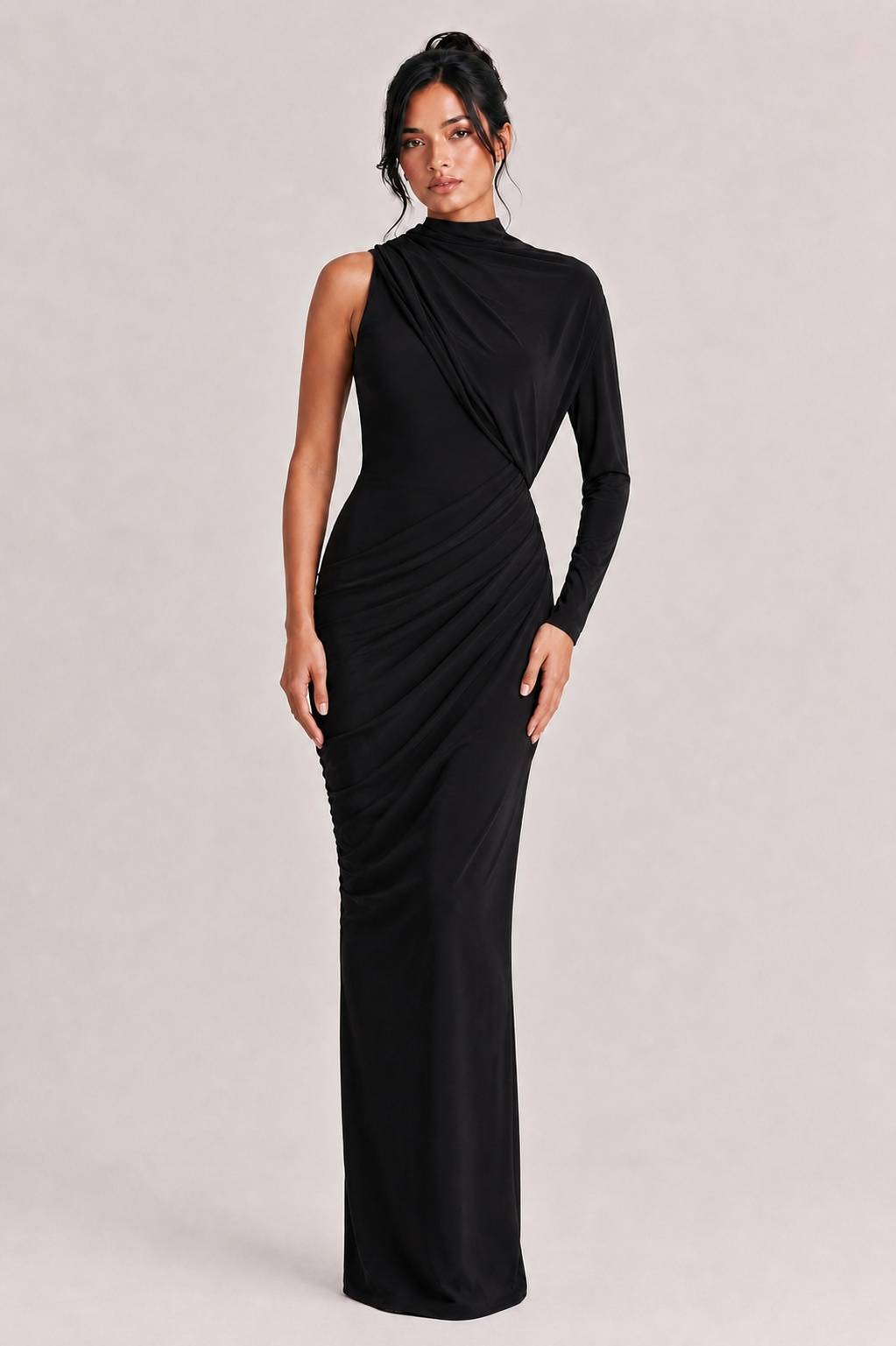 Elegant Asymmetrical One-Sleeve Draped Maxi Dress