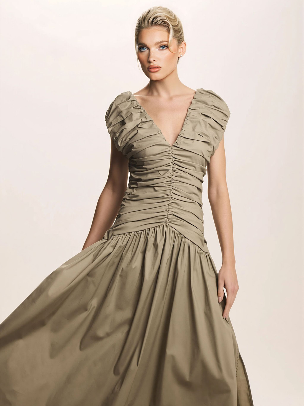 Elegant Pleated V-neck Midi Dress