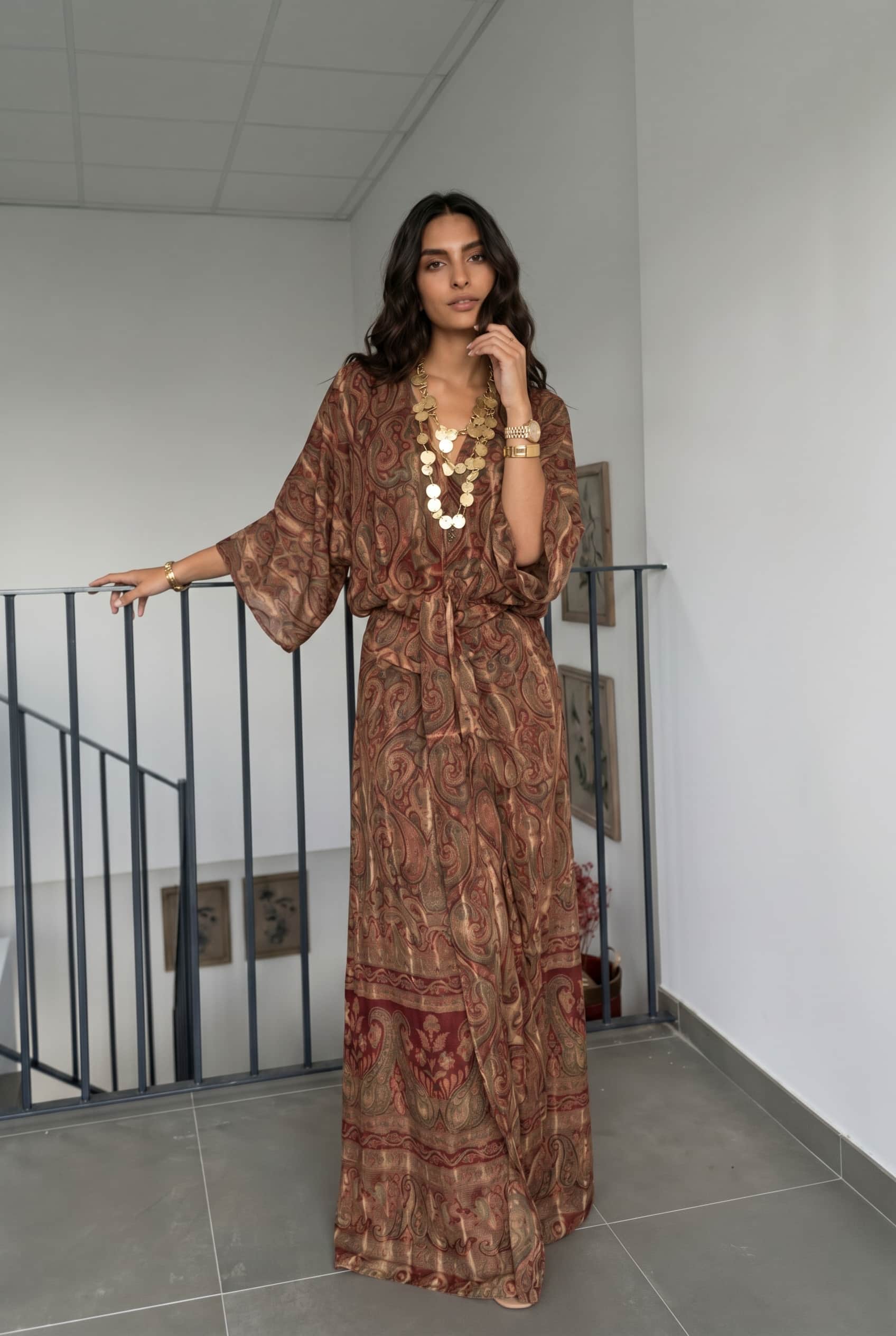 V-Neck Printed Slit Streamer Design Maxi Dress