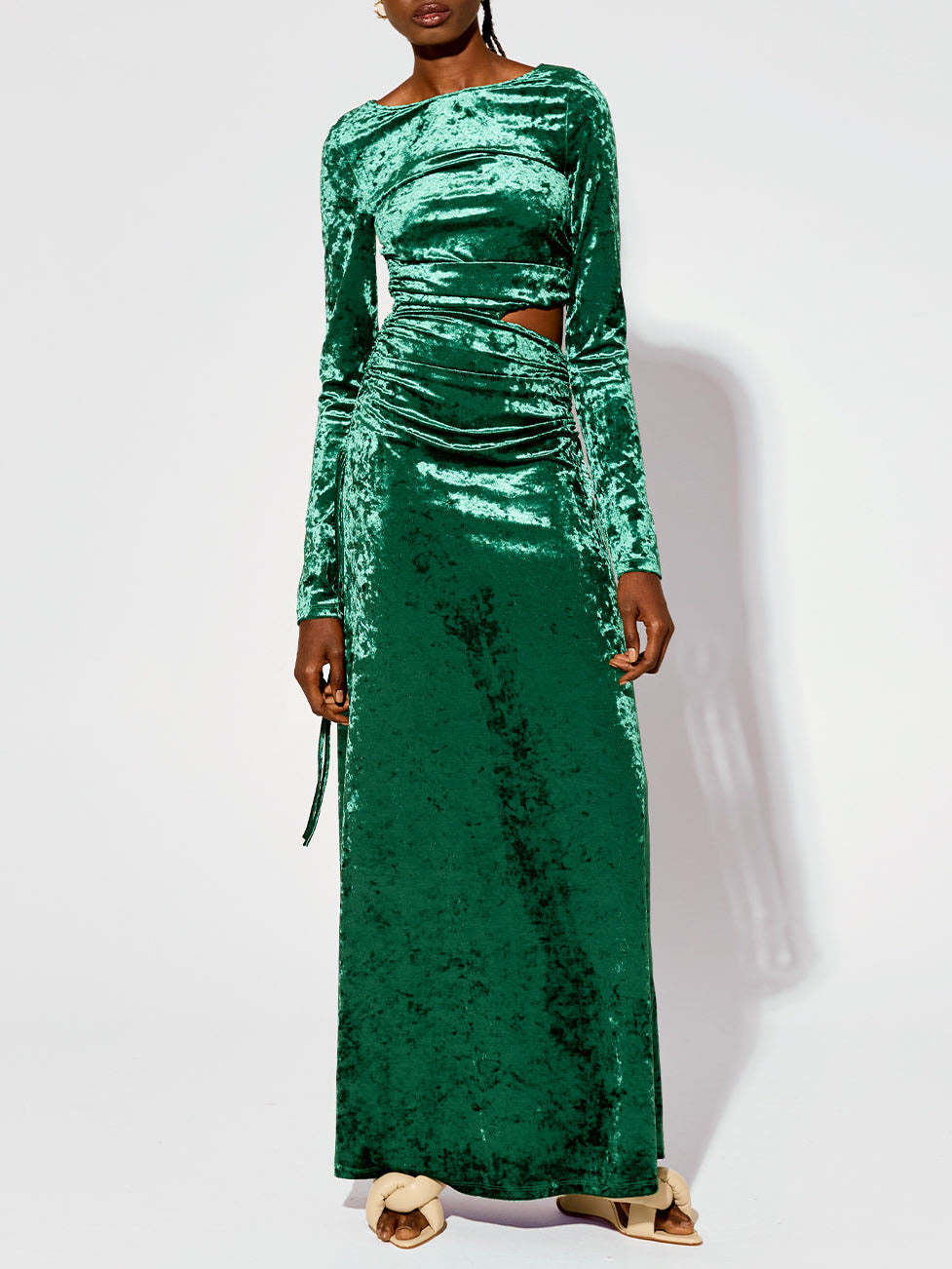Modern Cutout Shirred Diamond Velvet Maxi Dress