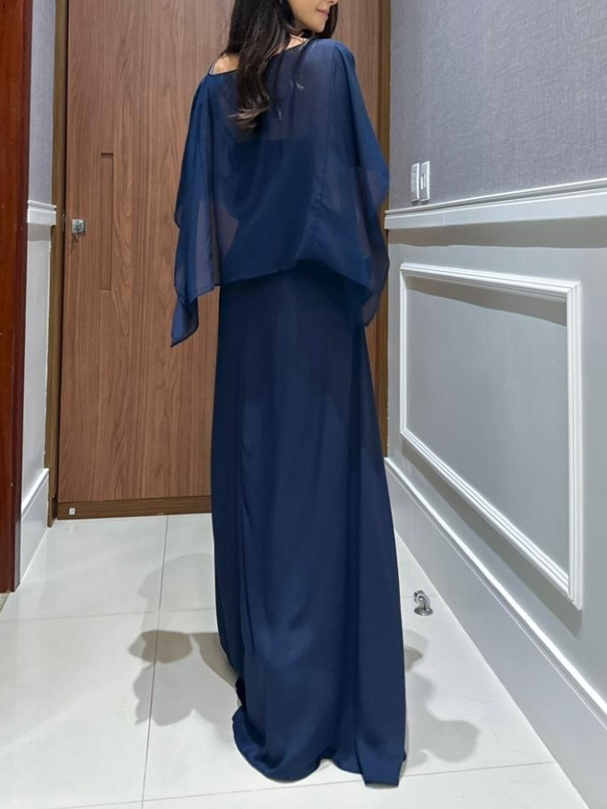 Elegant Chiffon Cape Top & Wide-Leg Pants Two-Piece Set