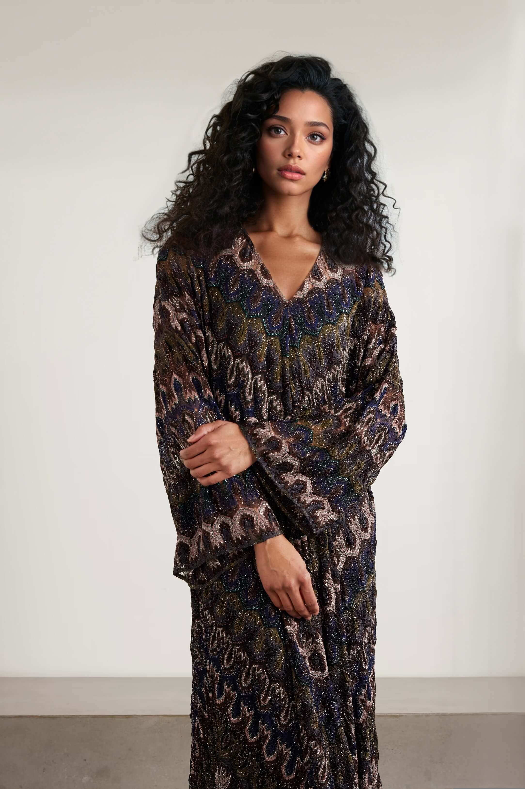 Boho Tie-Detail Striped Metallic Crochet Maxi Dress