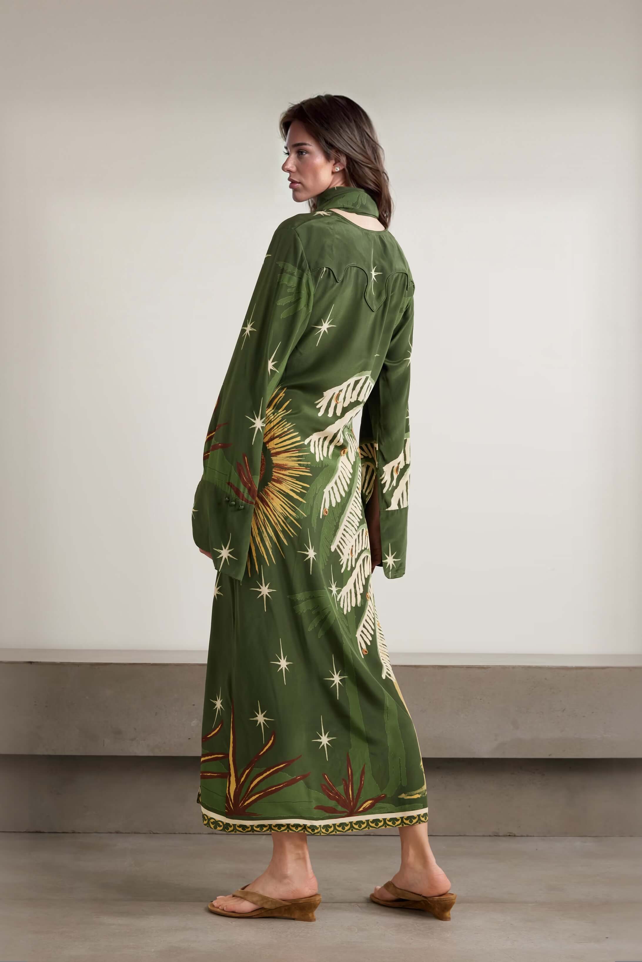 Unique Palm Tree Print Tie-Detail Maxi Dress