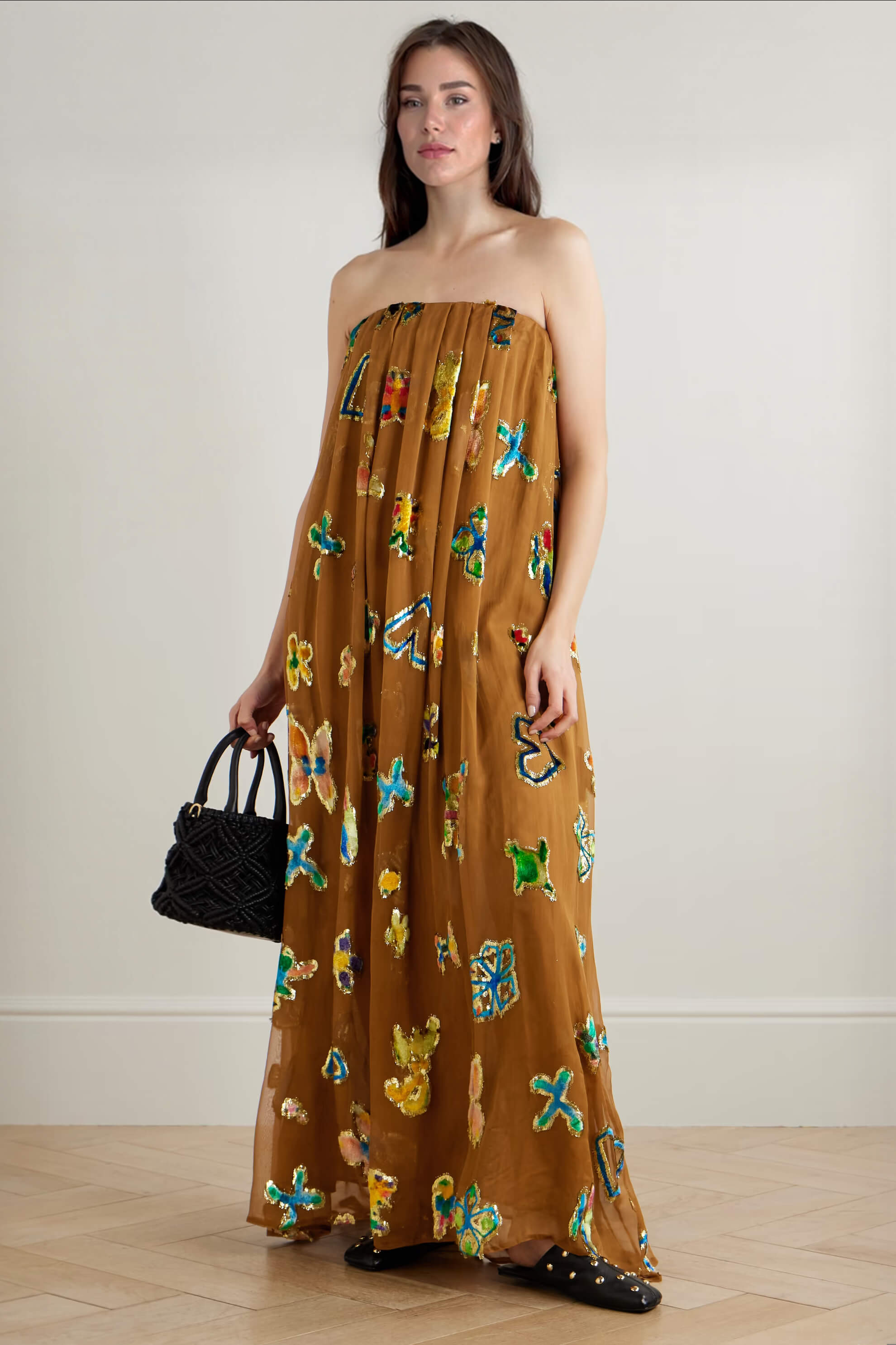 Retro-Inspired Unique Strapless Printed Ruched Maxi Dress