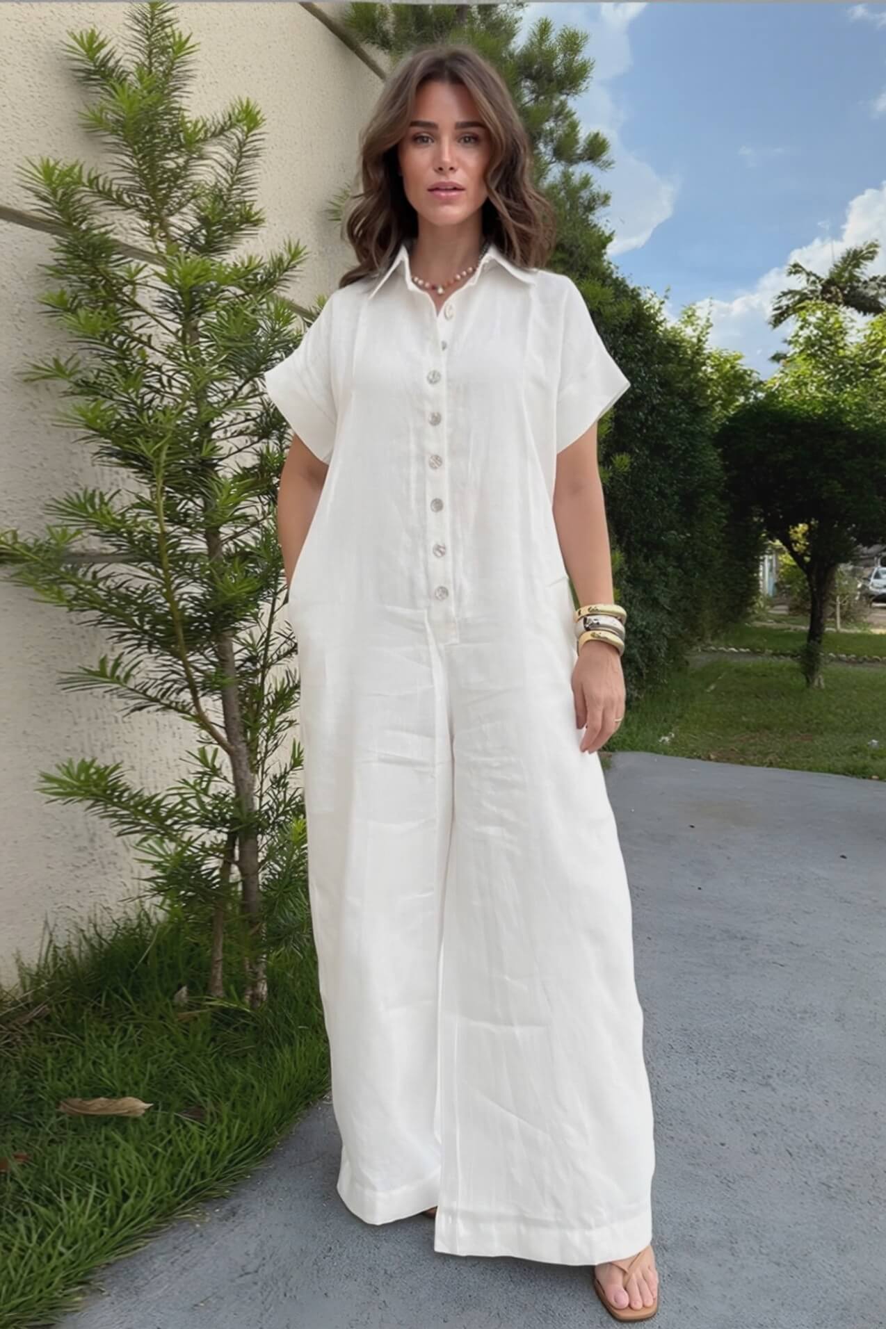 Casual Linen Collared Short-Sleeved Button-Up Front Wide-Leg Jumpsuit