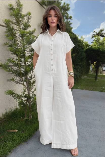 Casual Linen Collared Short-Sleeved Button-Up Front Wide-Leg Jumpsuit