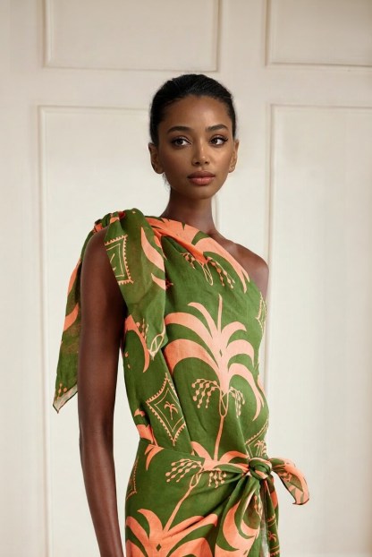 Unique Seaweed Print One-Shoulder Linen Maxi Dress