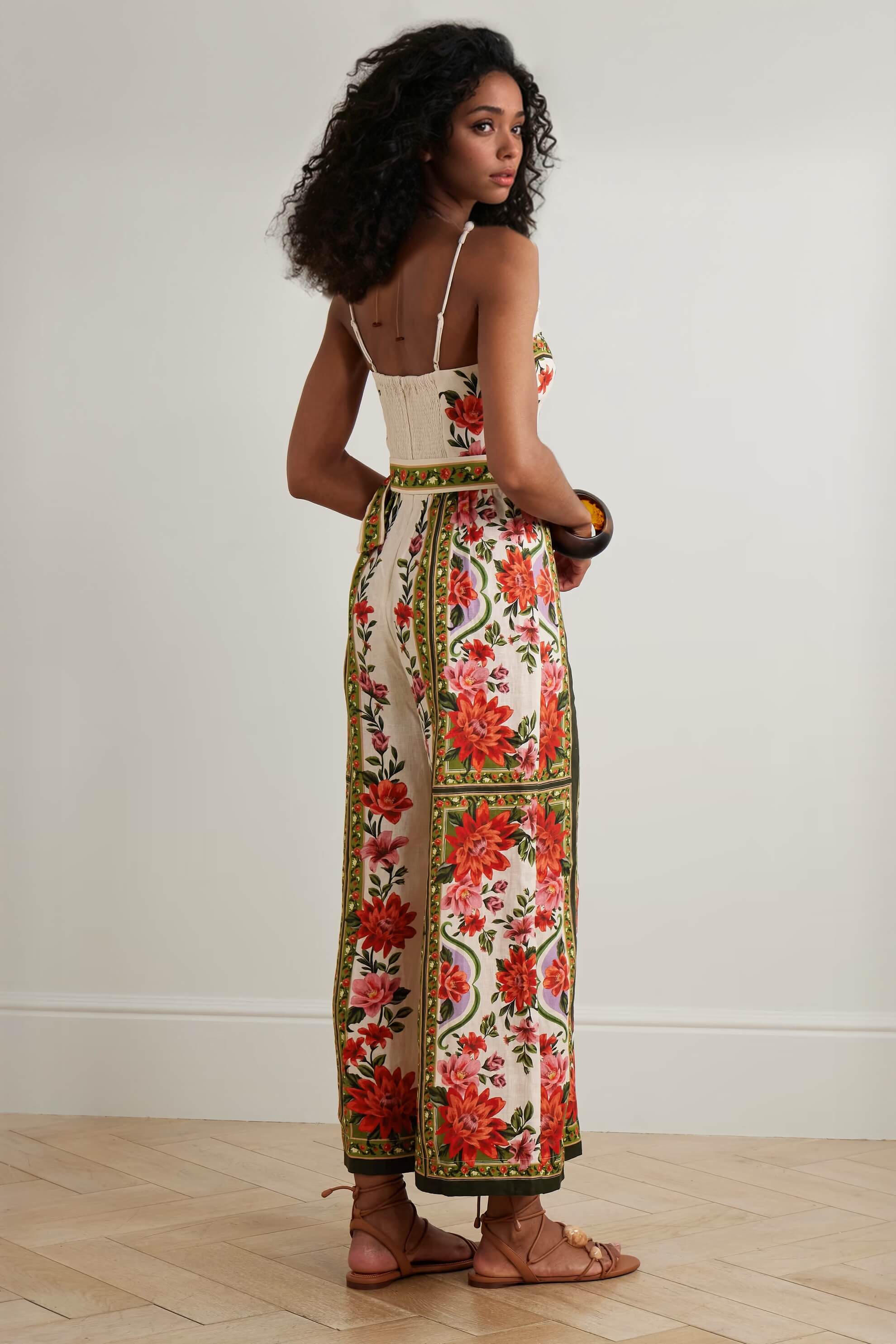 Retro Lace-up Print Linen Jumpsuit