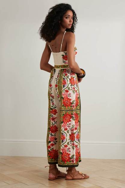 Retro Lace-up Print Linen Jumpsuit