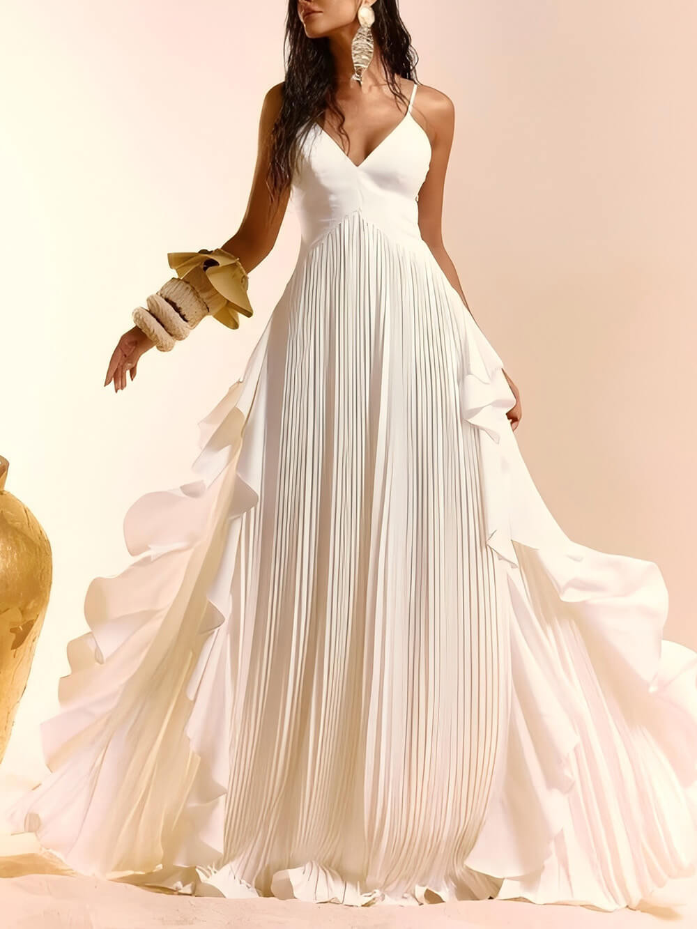 Delicate White Layered Patchwork Ruched Party Maxi Dress