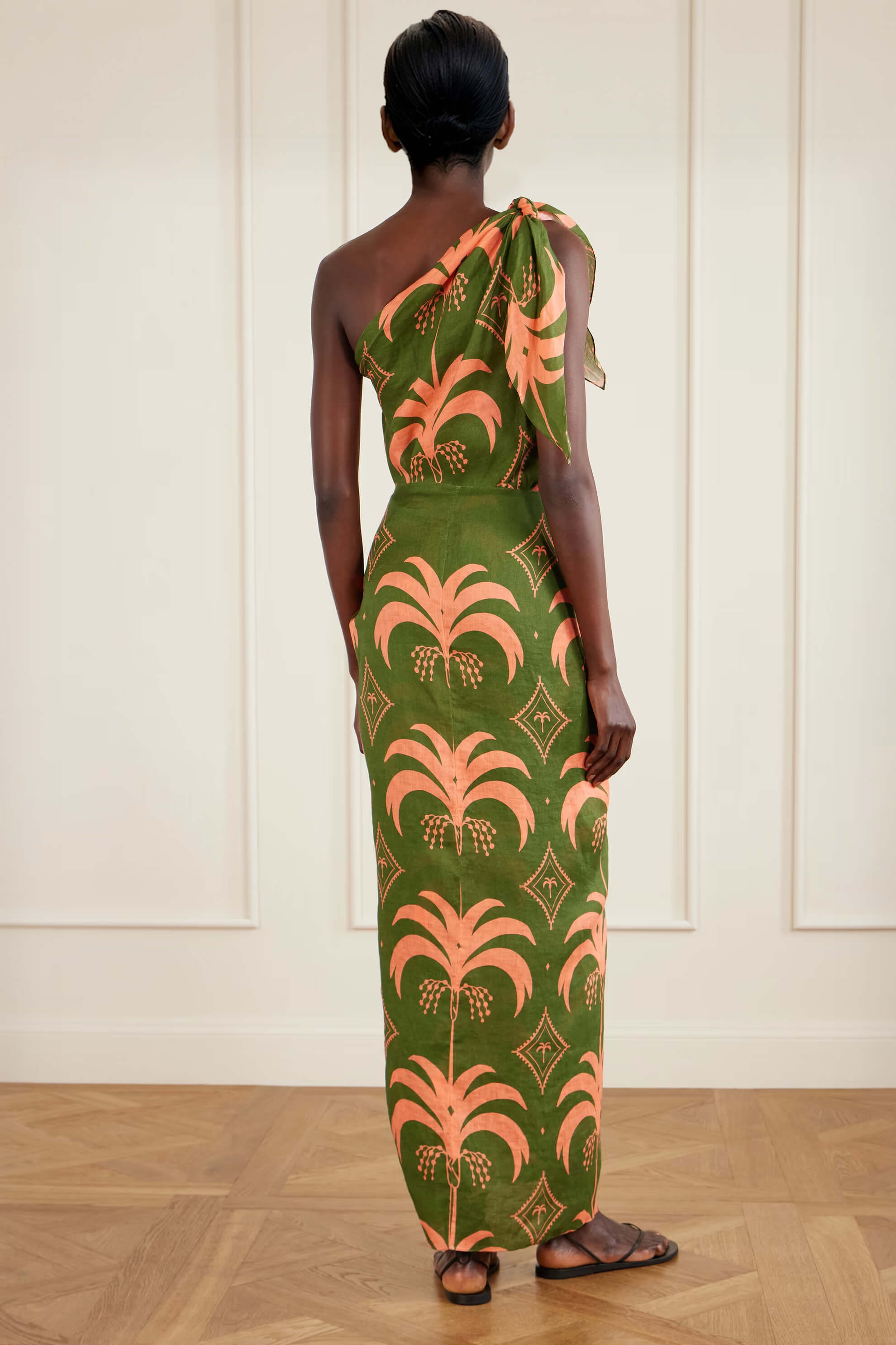 Unique Seaweed Print One-Shoulder Linen Maxi Dress