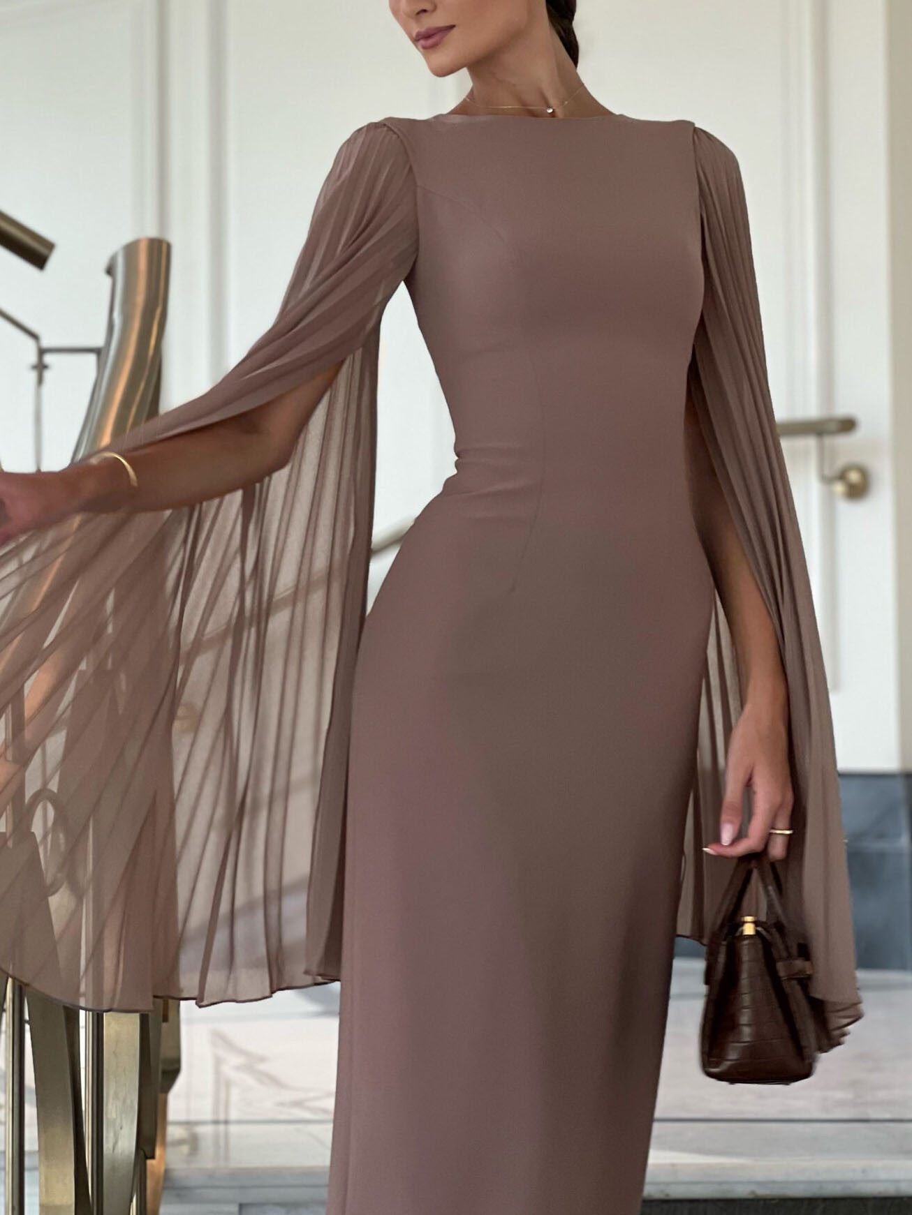 Elegant Pleated Cape Sleeve Midi Dress