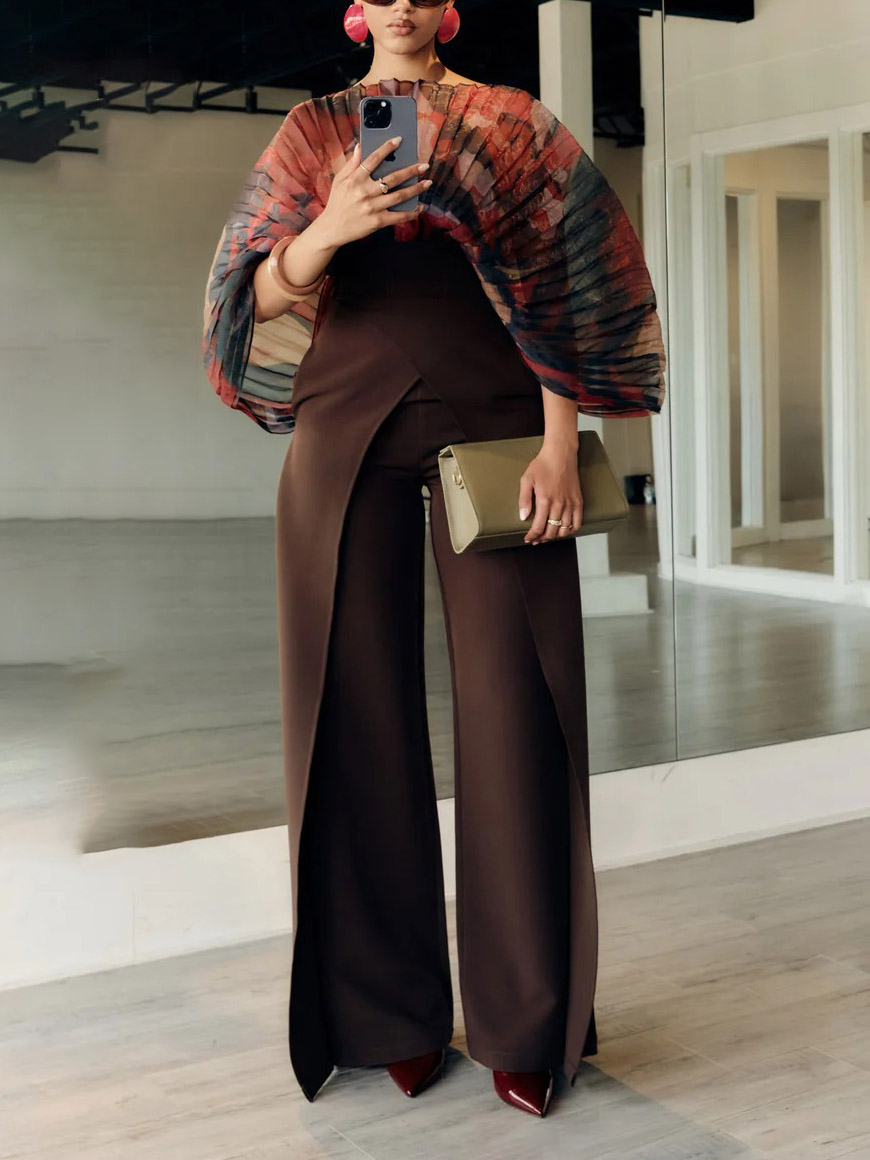 Unique Cut High-Rise Brown Wide-Leg Pants
