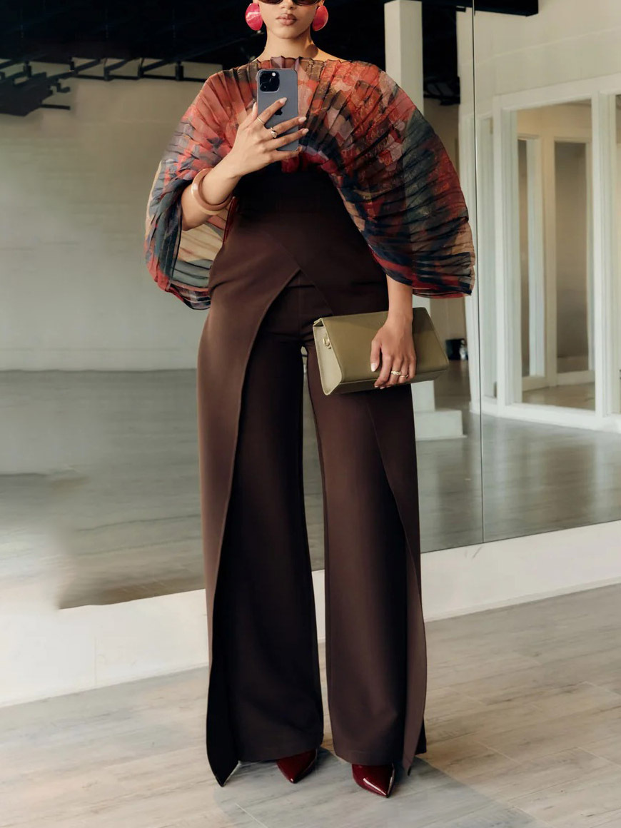Unique Cut High-Rise Brown Wide-Leg Pants