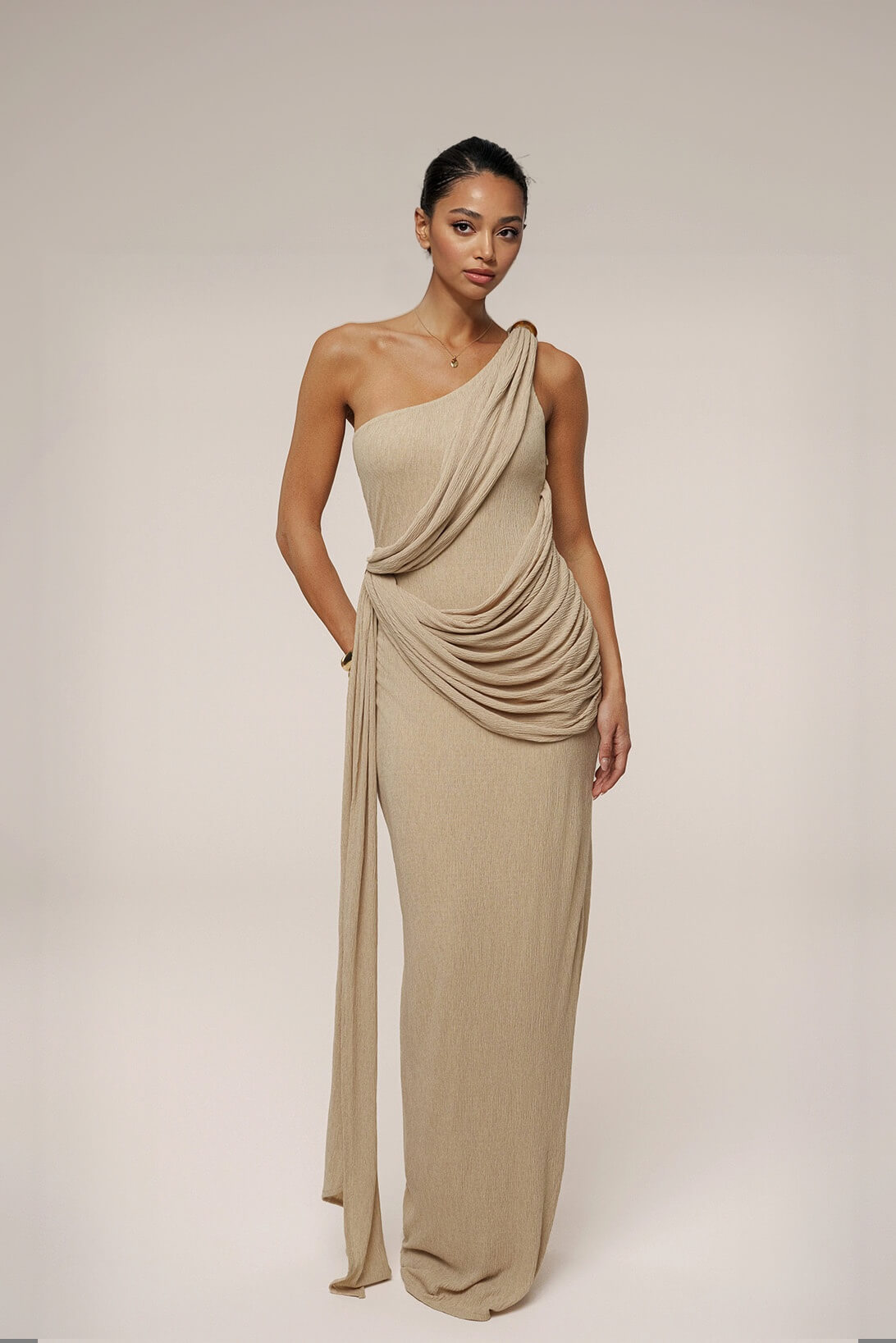 Elegant And Sexy One-Shoulder Ruched Wrap Maxi Dress