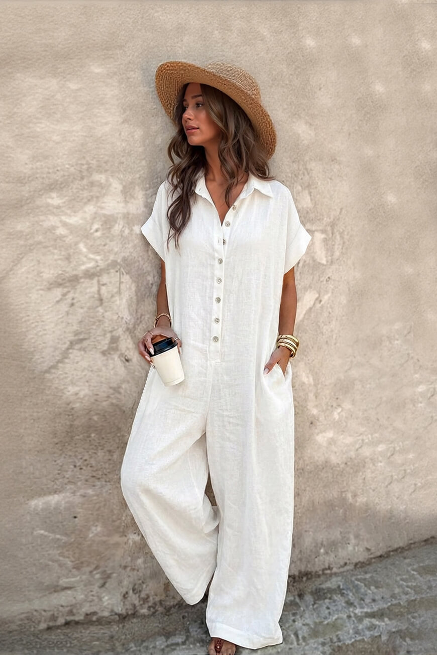 Casual Linen Collared Short-Sleeved Button-Up Front Wide-Leg Jumpsuit