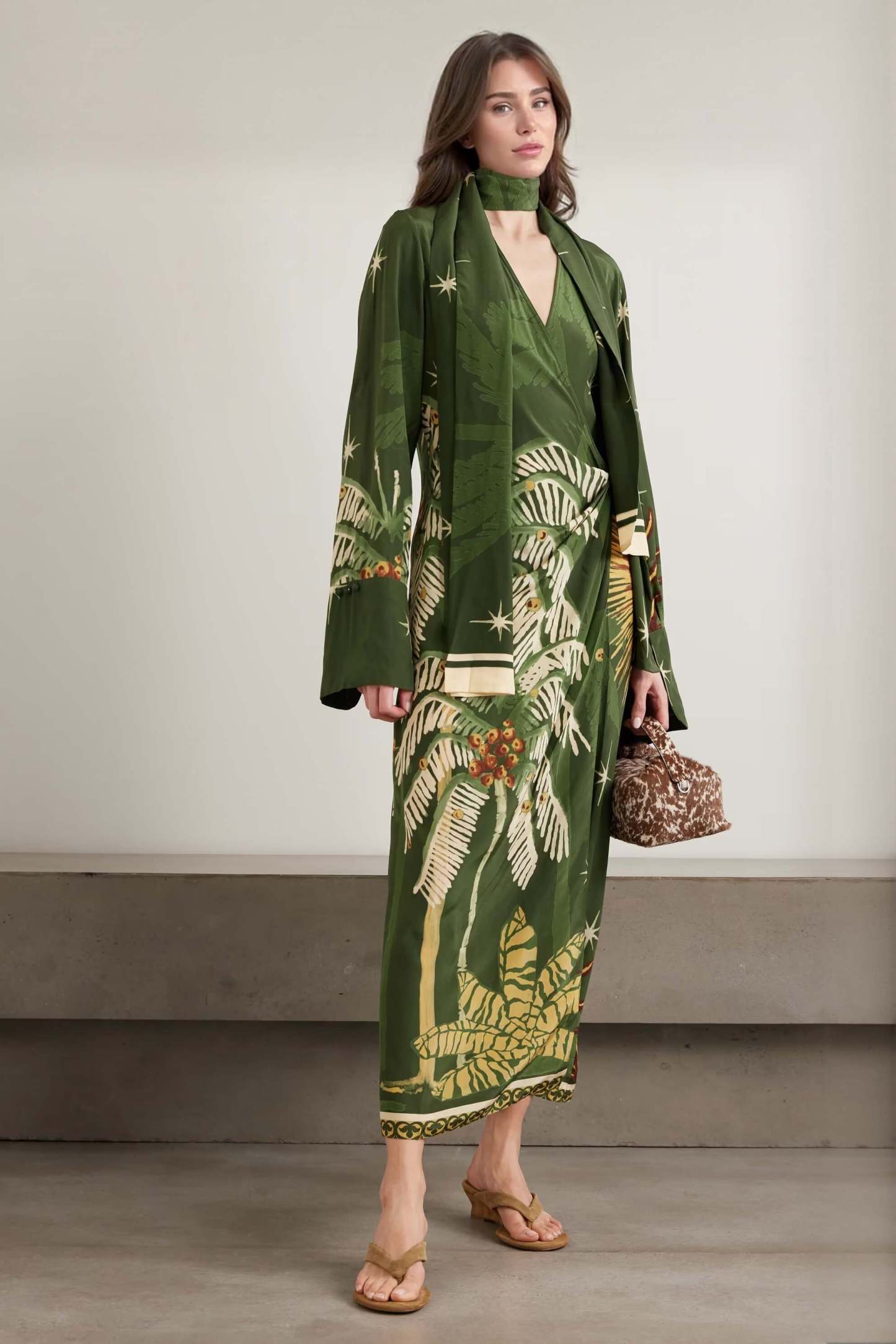 Unique Palm Tree Print Tie-Detail Maxi Dress