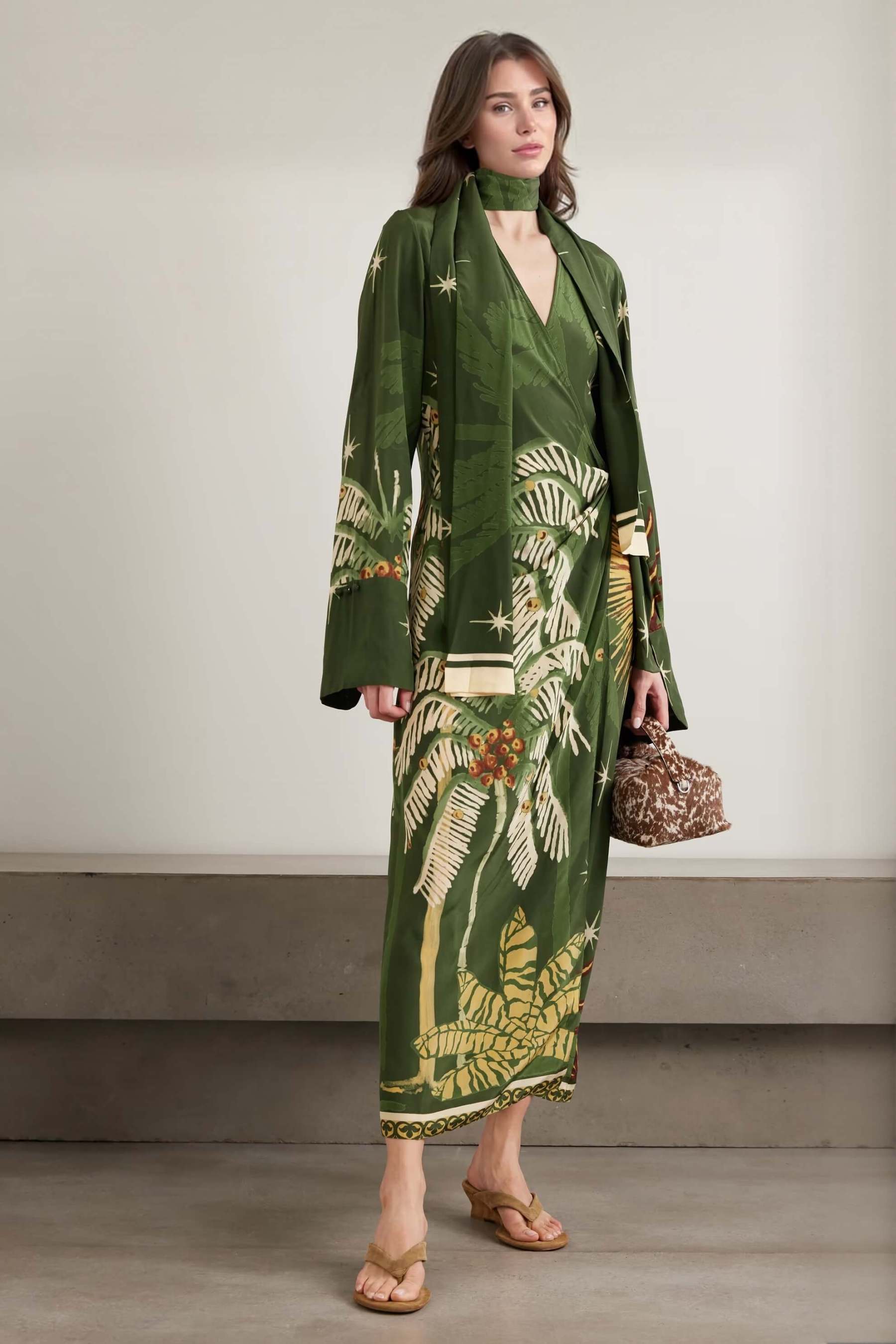 Unique Palm Tree Print Tie-Detail Maxi Dress