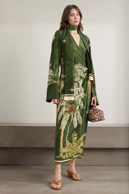 Unique Palm Tree Print Tie-Detail Maxi Dress