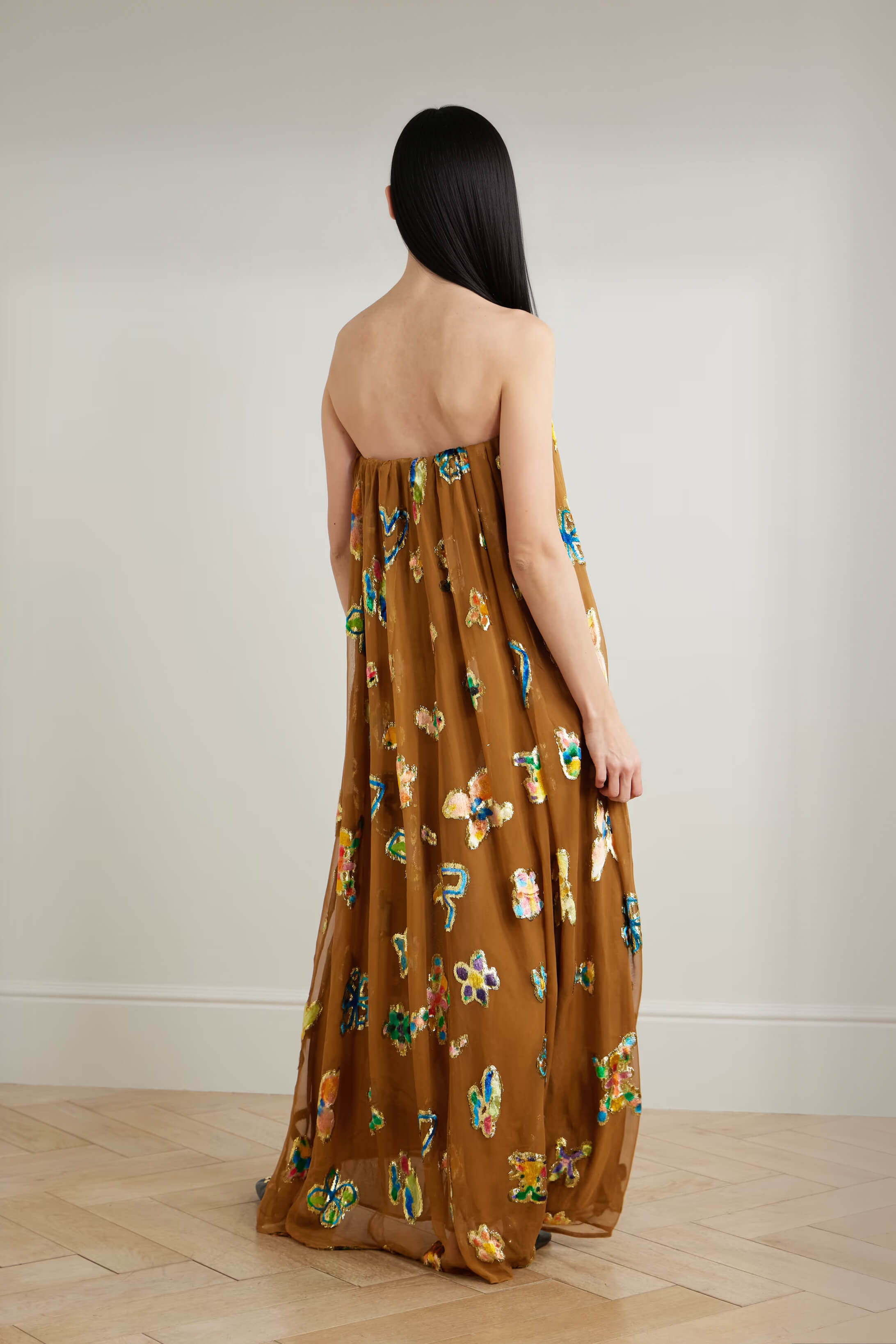 Retro-Inspired Unique Strapless Printed Ruched Maxi Dress