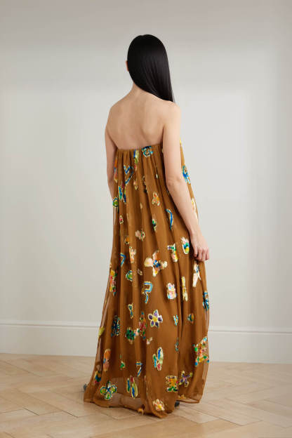 Retro-Inspired Unique Strapless Printed Ruched Maxi Dress