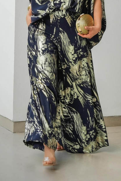 Retro Fashion Ethnic Print Elastic Waist Loose Pocket Wide-Leg Pants